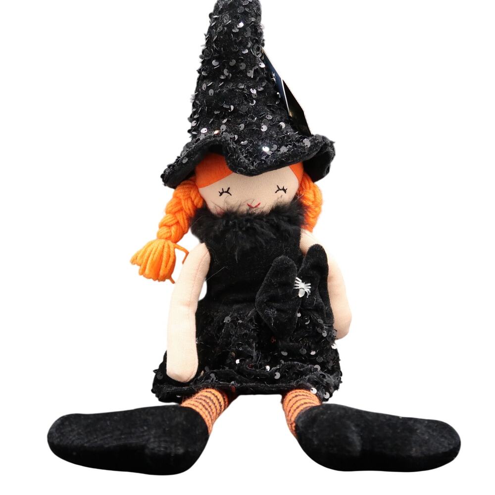 Happy Haunting Halloween Shelf Sitter Plush Witch Doll Sequin Dress NWT Orange